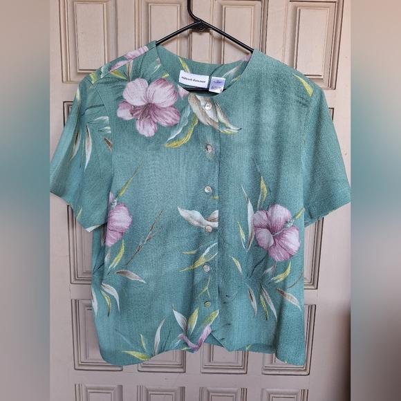 Alfred Dunner Blouse Plus Sz18 Sea Grn Short Sleeve Floral Button Front Washable - Picture 1 of 11